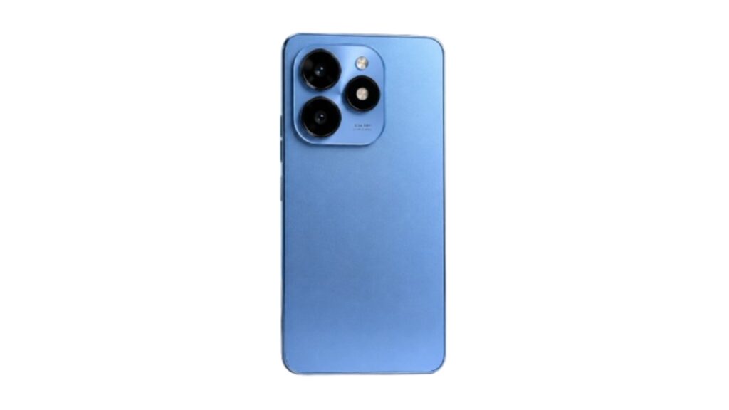 Tecno Spark 20 Pro blue color back design with triple rear camera setup on a white background