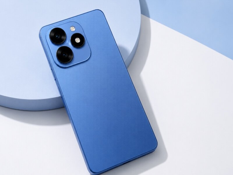 Tecno Spark 20 Pro blue color back view with triple rear camera in a clean studio background