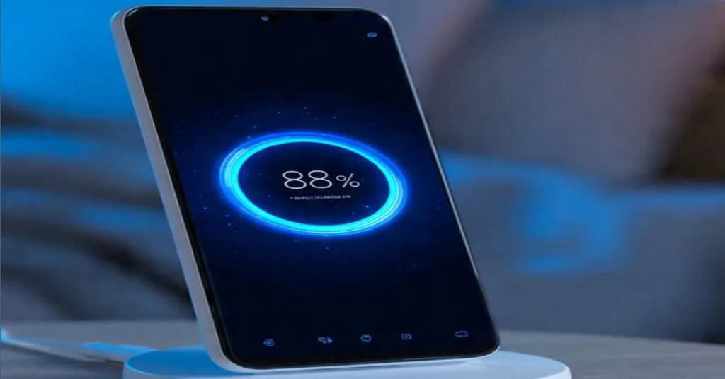 Smartphone on wireless charging stand showing battery percentage while phone charge 100%