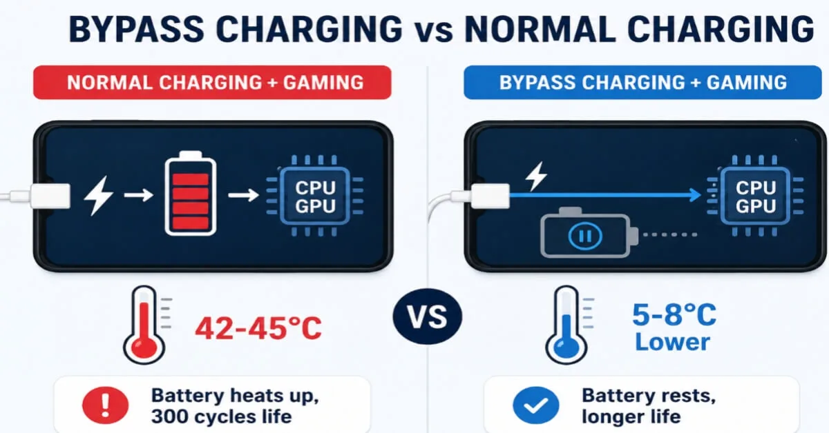 Bypass Charging vs Normal Charging comparison. Normal charging reaches 42-45°C with 300 cycle battery life. Bypass charging keeps phone 5-8°C cooler and battery rests for longer life.