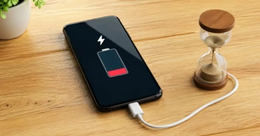 smartphone low battery 20 percent slow charging with hourglass and cable on wooden table