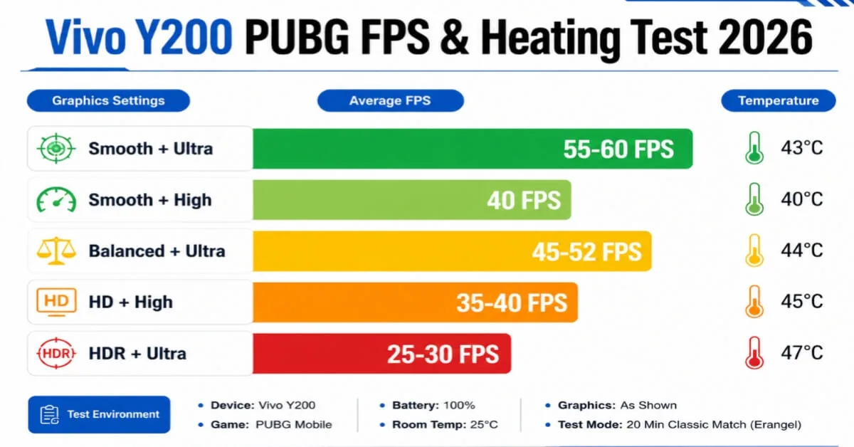 Vivo Y200 PUBG Mobile FPS and heating test chart 2026 showing 55 to 60 FPS on Smooth Ultra settings with 43 degrees temperature