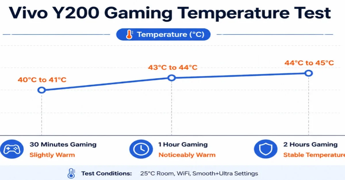 Vivo Y200 gaming temperature test graph showing 40C to 45C after 2 hours PUBG Mobile at 25C room temperature