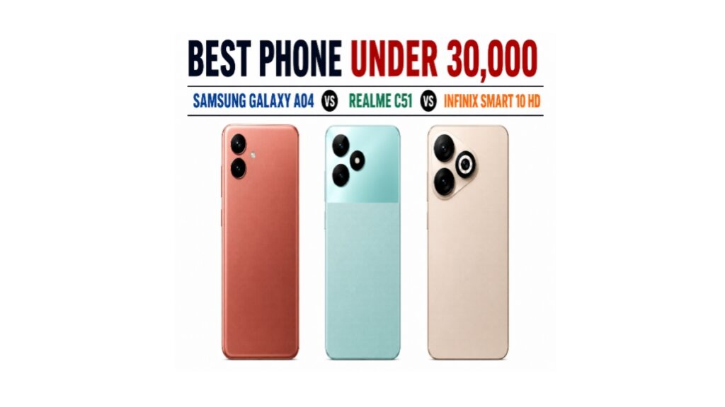 Best Phone Under 30000 PKR in Pakistan 2026 comparison featuring Samsung Galaxy A04 vs Realme C51 vs Infinix Smart 10 HD