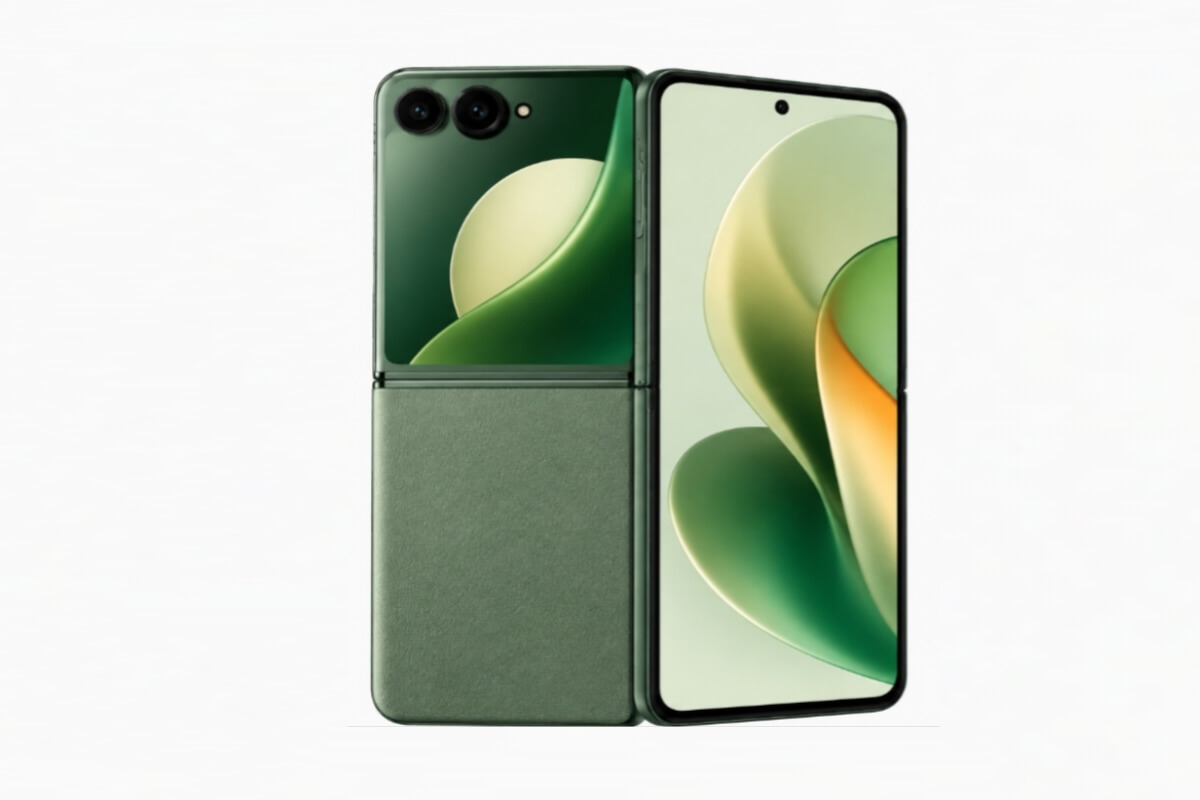 Motorola Razr 2025 in green color shown folded and open with dual camera