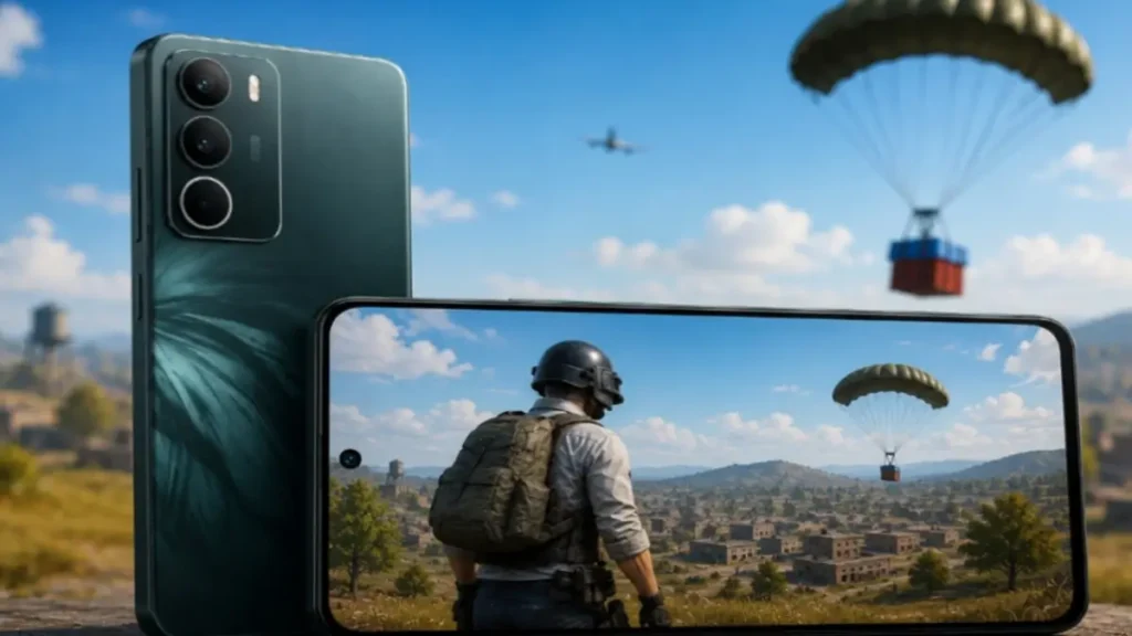 Realme C71 with a PUBG-style gaming scene for a gaming performance review