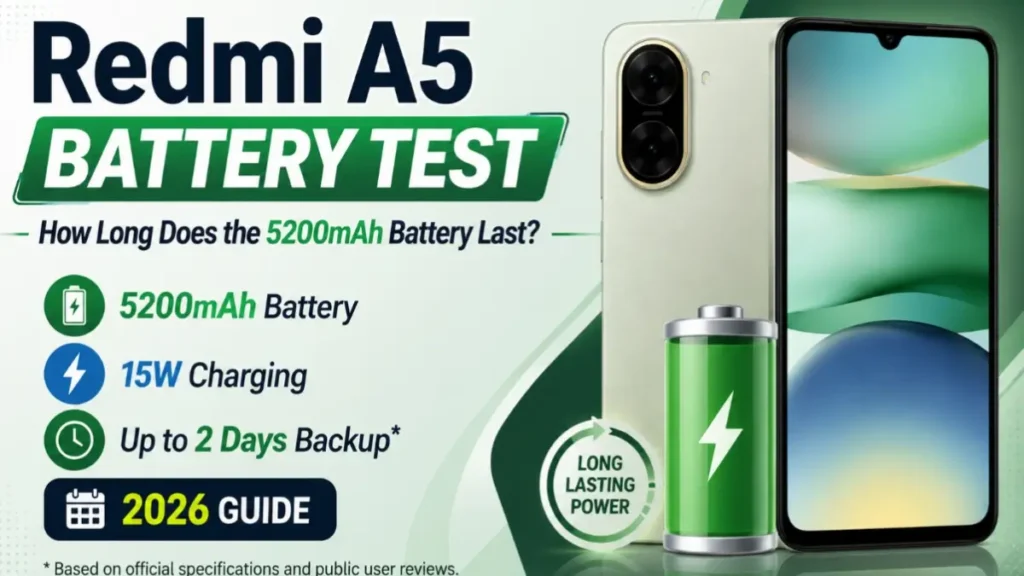 Redmi A5 battery test showing the 5200mAh battery, 15W charging, and expected battery life in 2026 based on official specifications and public user reviews.