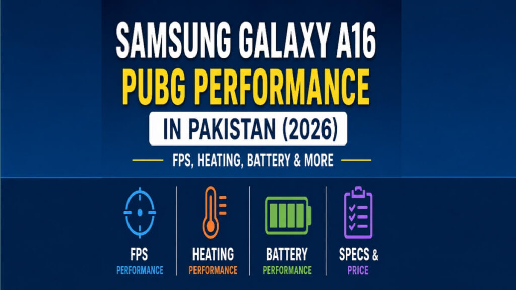 Samsung Galaxy A16 PUBG performance in Pakistan (2026) showing FPS, heating performance, battery performance, and specs.