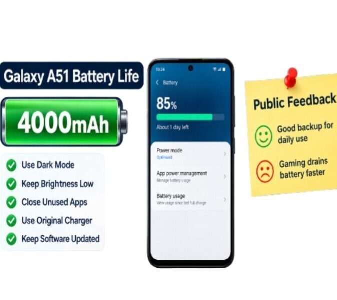 Samsung Galaxy A51 battery life tips and public feedback in 2026 showing 4000mAh battery and battery-saving recommendations