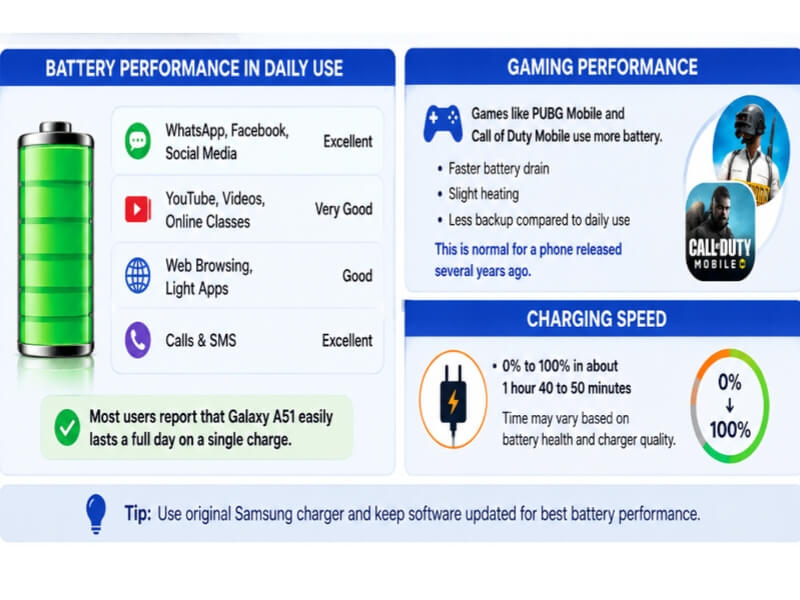Samsung Galaxy A51 battery performance review showing daily usage, gaming battery drain, and charging speed in 2026