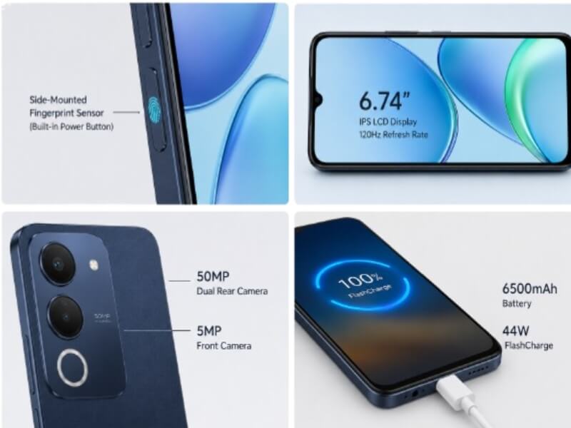 Vivo Y11d side-mounted fingerprint sensor, 6.74-inch 120Hz IPS LCD display, 50MP dual camera, and 6500mAh battery