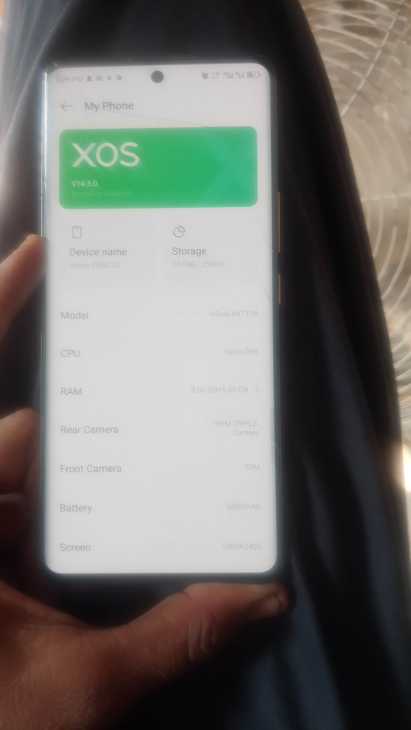 Infinix Zero 30 specifications showing XOS, Helio G99, 8GB RAM and 256GB storage