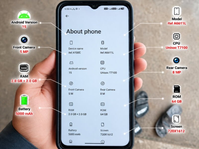 itel A100C About Phone screen showing Android 15, Unisoc T7100, 2GB RAM, 64GB storage and 5000mAh battery