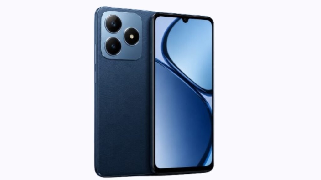 Realme C63 blue smartphone front and back view showing triple camera and 6.75 inch display
