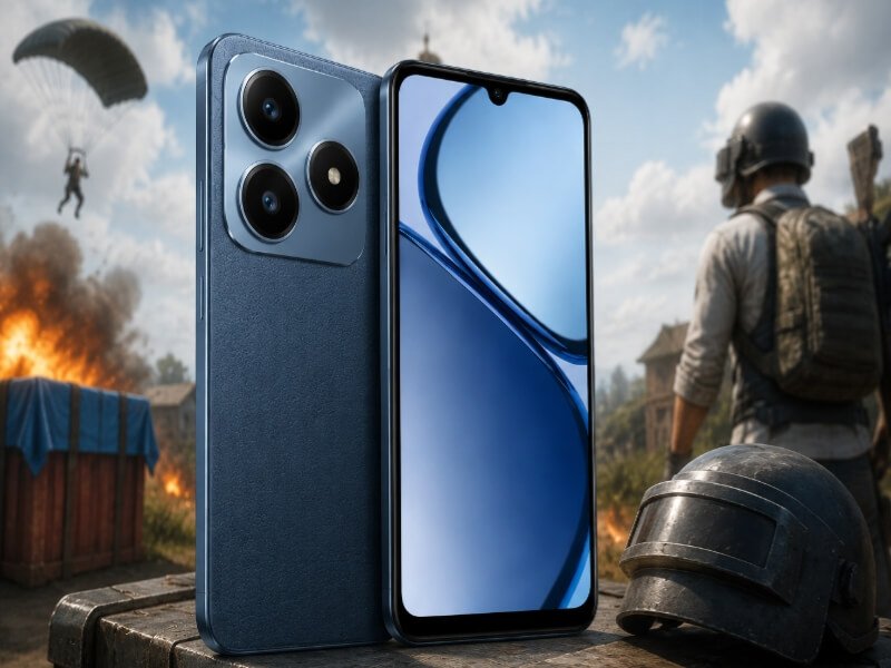 Realme C63 smartphone with PUBG-inspired gaming background for PUBG FPS Review 2026