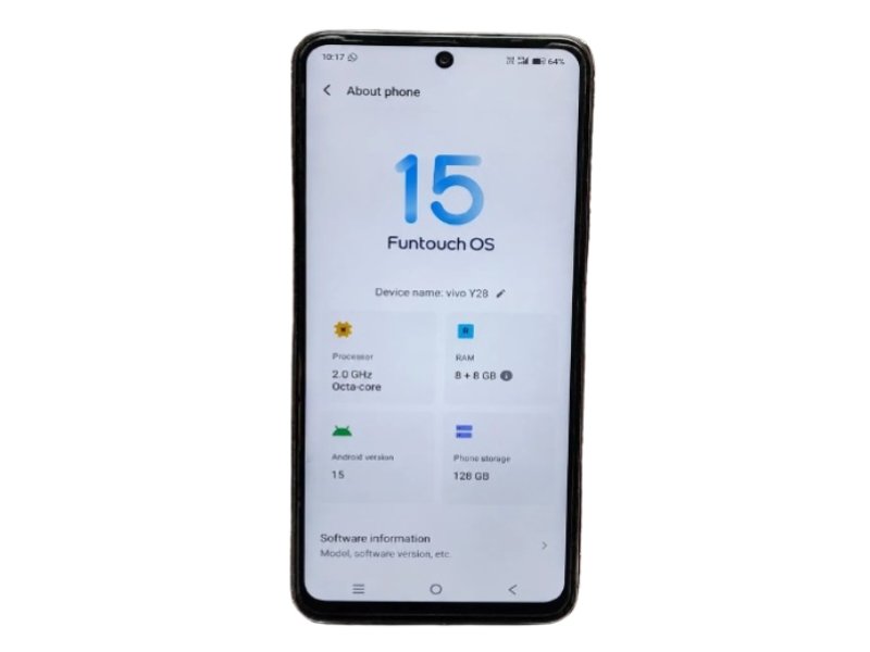 Vivo Y28 about phone screen showing Android 15 Funtouch OS 8GB RAM 128GB storage