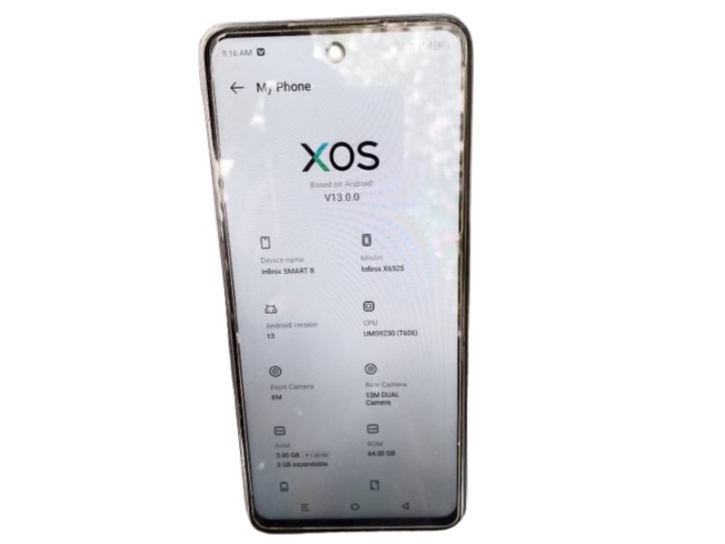 Infinix Smart 8 X6525 My Phone screen showing XOS 13.0.0 Android 13 specs 3GB RAM 64GB storage