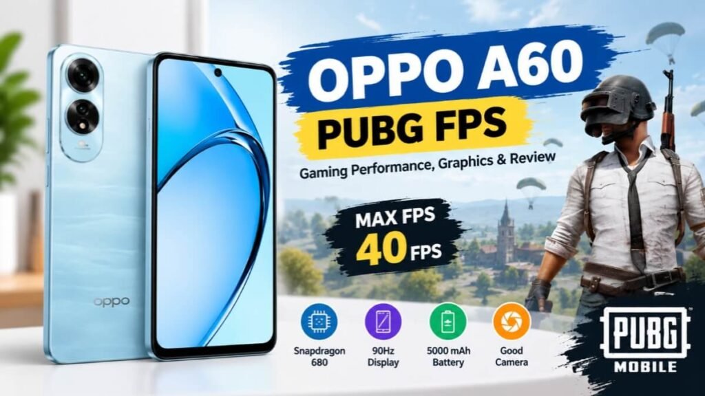 OPPO A60 PUBG FPS showing max 40 FPS gaming performance with Snapdragon 680, 90Hz display and 5000 mAh battery