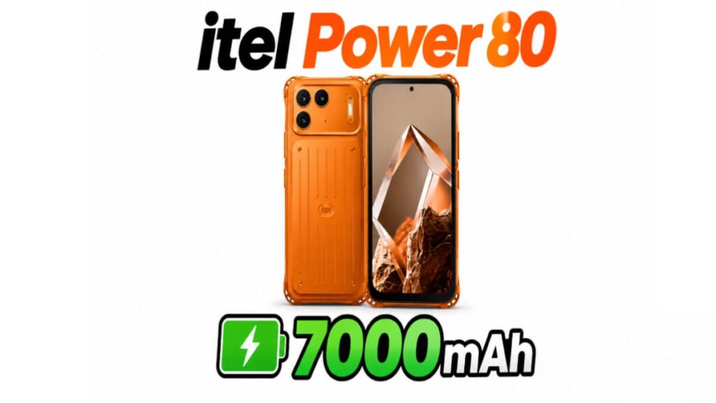 Itel Power 80 smartphone with 7000mAh battery and rugged orange design