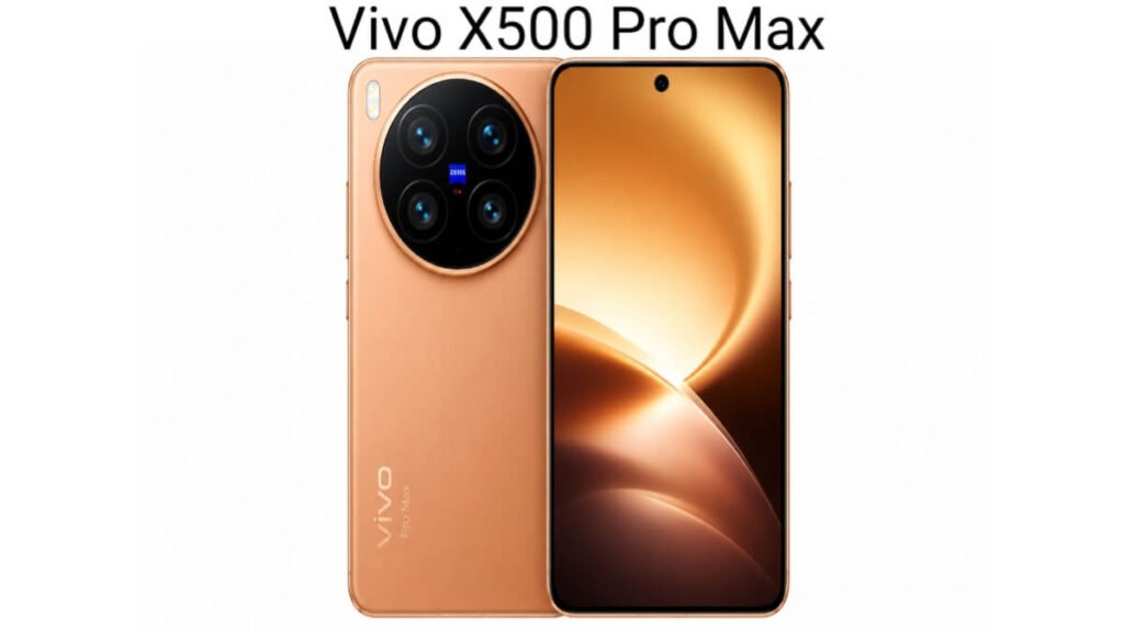 Vivo X500 Pro Max smartphone front and back design with four rear cameras and a gold finish